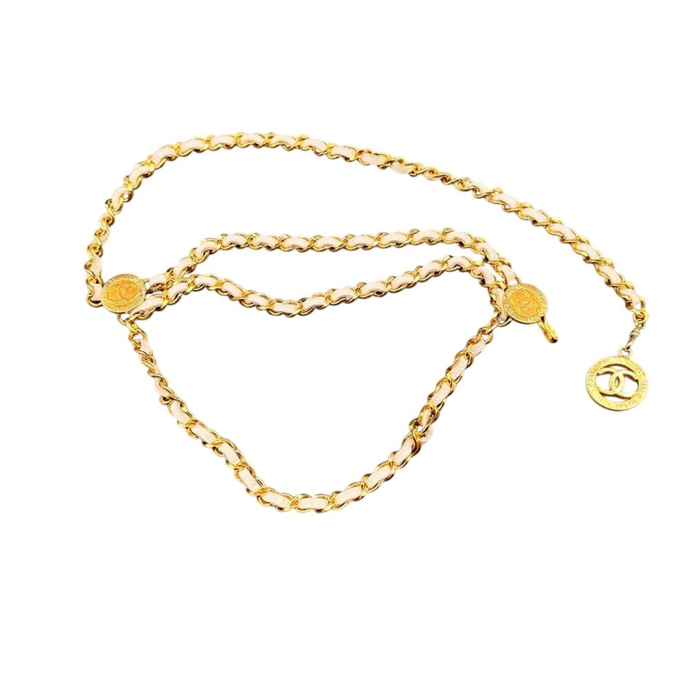 CHANEL CC Logo Charm Chain Belt Leather Gold White with box SMALL